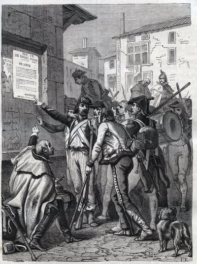 Soldater, behovene dine er store: Franske soldater leser proklamasjonen til general Bonaparte i november 1799 - Gravering av 1865 i "Histoire du Consulate et de l