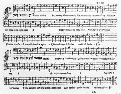 Sangark fra Chansons Musicales utgitt av Pierre Attaignant (d.1552) 1535-36 av French School