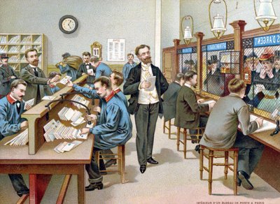 Sortering av posten i et parisisk postkontor, illustrasjon fra en postkontorkalender, 1904 av French School