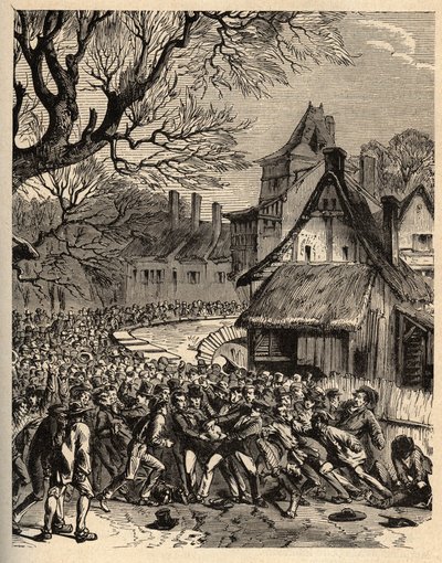 Soule game (fotballens stamfar) - (Frankrike) - Le jeu de la soule en Basse Normandy (antatt stamfar til fotball og rugby) - gravering i "" PATRIQUE DE LA FRANCE I 6 BIND AV LUCIEN HUARD - slutten av 1800-tallet av French School