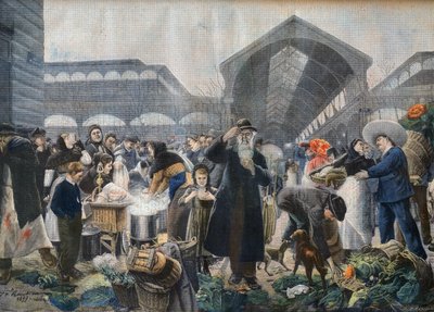 Suppestativ på Les Halles-markedet om morgenen, illustrasjon fra 'Le petit Journal', 2. mars 1897 - la soup aux Halles le matin i Paris - gravering av Fortune-Louis Meaulle etter Jean Jacques Rousseau (1861-1911) av French School