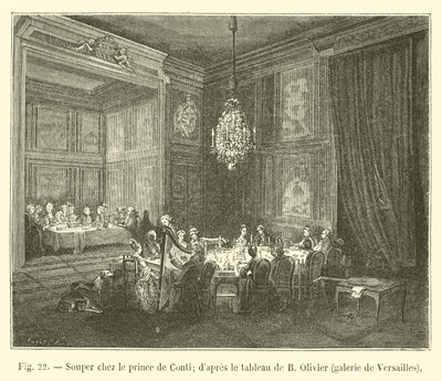 Kveldsmat med Prince de Conti; etter maleriet av B Olivier, Versailles galleri av French School