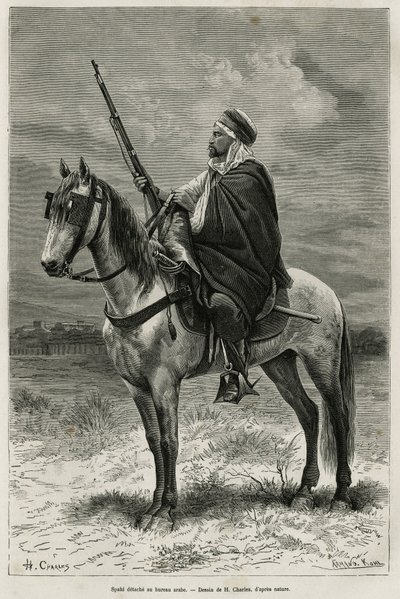 Spahi, effektiv rytter og redsel som bidrar til erobringen av Algerie, til tjeneste for Frankrike, løsner ved det arabiske kontoret, graverer etter en tegning av H.Charles, for å illustrere historien Tebessa og dens monumenter (Algeria), av A. Heron de Vil av French School