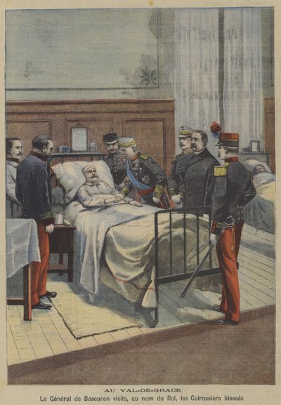 Den spanske general Jose de Bascaran besøker sårede kyrassere i navnet til kong Alfonso XIII på militærsykehuset Val-de-Grace i Paris (farge litho) av French School