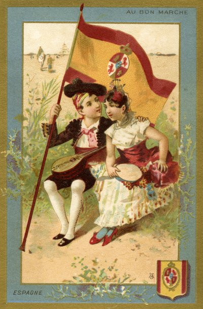 Spansk gutt og jente, fra en serie illustrasjoner av barn fra forskjellige land, produsert som salgsfremmende kort for Bon Marché Department Store i Paris, ca. 1890 av French School