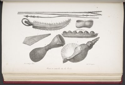 Spyd og redskaper fra øya Radak, fra Pittoresk reise rundt om i verden, med portretter av villmenn fra Amerika, Asia, Afrika og øyene i det store hav; landskap, havutsikt og flere naturhistoriske gjenstander; ac av French School