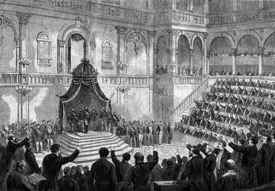 Tale av kongen av Italia Victor Emmanuel II (Vittorio Emanuele) (Victor-Emmanuel) (1820-1878) ved åpningen av sesjonen til de italienske statene i parlamentet i Torino av French School