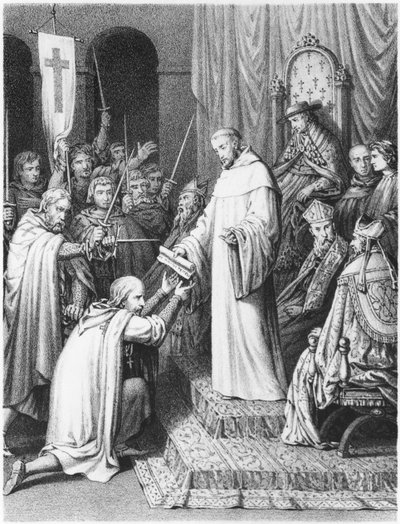 St. Bernard, abbed av Clairvaux, gir tempelherrene deres regler av French School