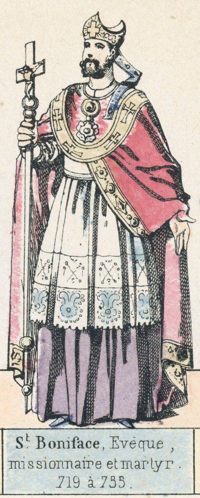 St Bonifatius, biskop, misjonær og martyr, 719 til 735 (farget gravering) av French School