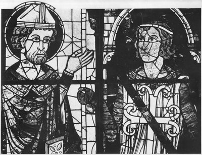 St. Denis gir oriflamme til ridderen Clement (marechal of Metz), detalj, South Rose Glorification of our Lord Jesus Christ, av French School