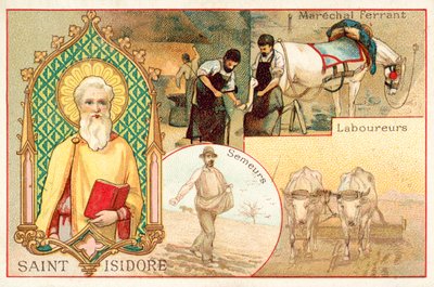 St Isidore, skytshelgen for bønder og dagarbeidere (chromolitho) av French School