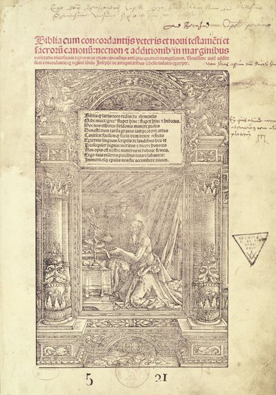 St. Hieronymus i hans Studiolo, tittelside til en bibel, trykt av J. Marion, Lyon, 1521 av French School