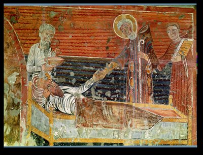 St. Severinus (d.507) herder Clovis I (465-511) kopi av en original fra 1100-tallet i Chateau-Landon-kirken (se også 240221) av French School