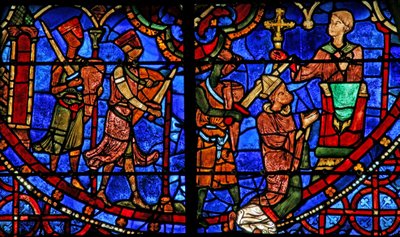 St Thomas Becket ber før han blir myrdet av 3 riddere (w18) av French School