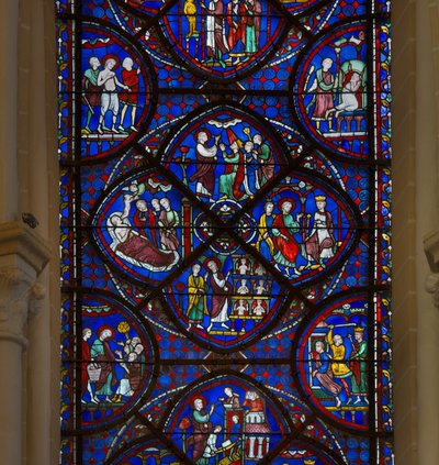 Glassmalerier av katedralen i chartres: detalj av livet til Saint Thomas av French School