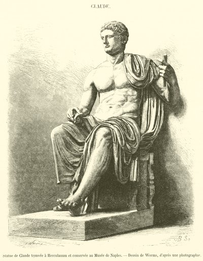 Statue av Claudius funnet i Herculaneum og bevart i Napoli-museet (gravering) av French School