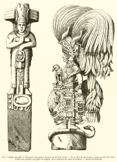 Monolitstatue av Palenque, i porfyr; Divinity of Yucatan (gravering) av French School