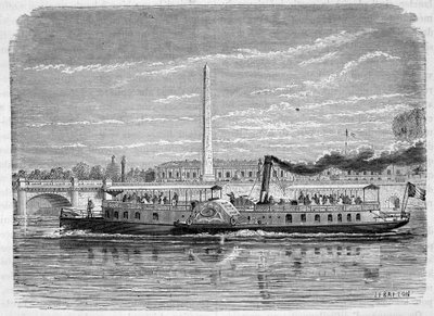 Dampbåt (hjul) ment å utføre omnibustjenesten på Seinen i Paris under verdensutstillingen i 1867 - gravering, sent på 1800-tallet av French School