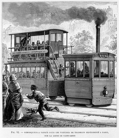 Dampslepebåt for erfarne trikkevogner i Paris, på Saint-Denis-linjen - i "" The new conquests of science"" av Louis Figuier av French School