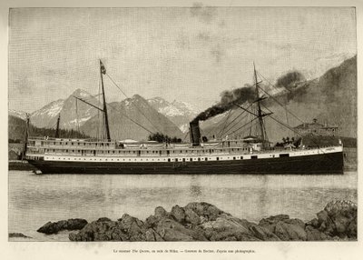 Steamer The Queen, i havnen i Sitka (Alaska, USA). Gravering av Bocher, i 1890, i Le tour du monde, nouveau journal des voyages, redigert av Edouard Charton (1807-1890), 2. semester 1891, utgave Hachette, Paris. av French School