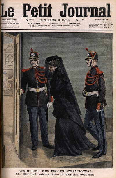 Steinheil-saken: Marguerite Steinheil (1869-1954) på vei inn i saksøktes boks - Le Petit Journal, 7. november av French School