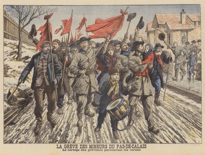 Streik av gruvearbeiderne i Pas-de-Calais, Frankrike (farge litho) av French School