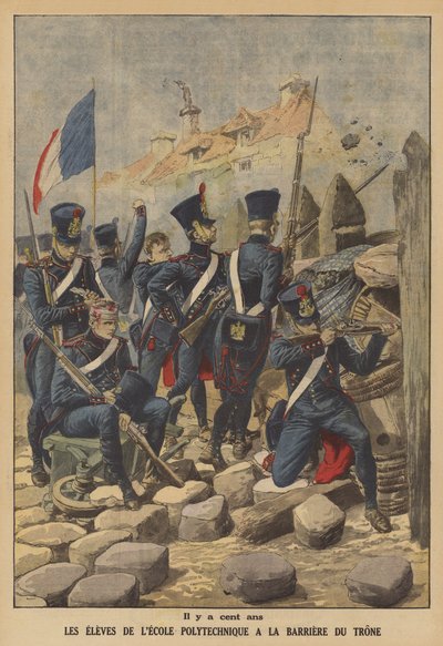 Studenter ved Ecole Polytechnique som forsvarte Barriere du Trone, en av portene til Paris, i 1814 (farge litho) av French School