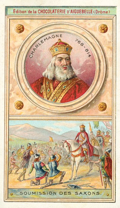 Underkastelse av sakserne til Charlemagne, 785 (chromolitho) av French School