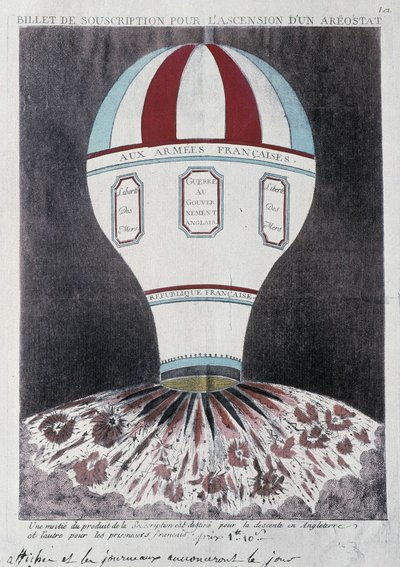 Abonnementsbillett for fremveksten av en aerostat for å invadere England, deb. 1800-tallet av French School