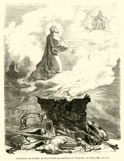 Bytte av Jesu Kristi offer med ofrene til den gamle loven (gravering) av French School