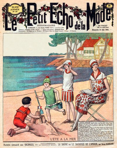 Sommer på havet, kvinne med sine tre barn på stranden av French School