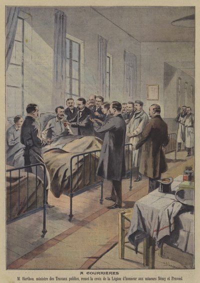 Overlevende fra Courrieres-gruvekatastrofen, Frankrike (farge litho) av French School