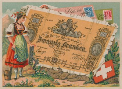 Sveitsisk jente i tradisjonell drakt og 20 Franc-seddel av French School