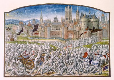T.2 fol.287 Seier for innbyggerne i Gent ledet av Philipp van Artevelde før Brugge i 1381, fra Froissarts Chronicle, 1472 av French School