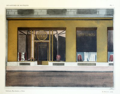 Tailors, Plate 7, illustrasjon fra Devantures de Boutiques av Louis-Pierre Sezille, Paris, 1927 av French School