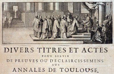 Ta byen og greven av Toulouse i besittelse av utsendingene til kong Filip III i 1271 i "Annales de la ville de Toulouse" av Germain de Lafaille, Toulouse av French School