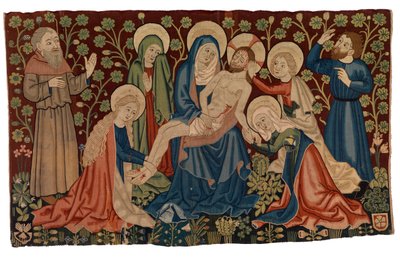 Tapestry antependium med Lamentation over the Dead Christ 'Pieta', fra Strasbourg, ca. 1450-60 (ull, silke og muligens lin) av French School