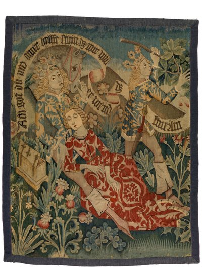 Tapet som viser to scener fra Der Busant 'The Buzzard', fra Alsace, ca. 1475-1500 (ull, silke og metalltråder) av French School