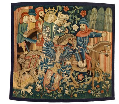 Tapet med Dronningen av Frankrike og den illojale Marshall, illustrerer det mellomhøytyske diktet 'Die Konigin von Frankreich..... Marshall', muligens fra Strasbourg, ca. 1495-1500 (ull og lin) av French School