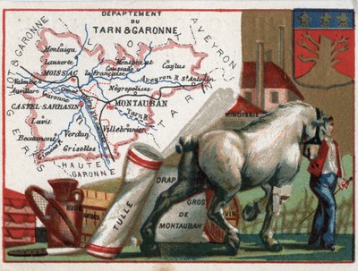 Tarn et Garonne (Tarn-et-Garonne, 82), Midi-Pyrenees (Midi Pyrenees), France. Local speciality: oil, starch, tulle, wholesale Montauban sheet, wine and flour mill. Series on the French Departments. Chromolithography (Chromo) “” the geographic thread””, cir av French School
