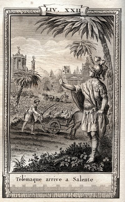 Teemaque vender tilbake til Salente (Salento) - gravering av 1798 av Monnet i "Les Aventures de Telemaque, fils d