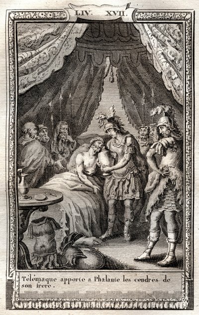 Telemaque tar seg av Phalantes sår og bringer ham asken til broren hans - gravering av 1798 etter Monnet i "Les Aventures de Telemaque, fils d'Ulysse" (Telemachos eventyr) av Francois de Salignac de La Mothe-Fenelon dit Fenelon - av French School