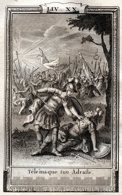 Telemaque dreper Adraste - gravering av 1798 av Monnet i "Les Aventures de Telemaque, fils d'Ulysse" (The Adventures of Telemachus) av Francois de Salignac de La Mothe-Fenelon dit Fenelon - av French School
