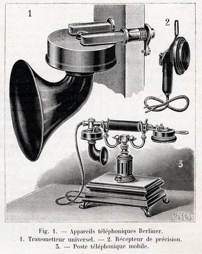 Telephonic apparatus - Berliner System - engraving in “” La nature”” from 1902 av French School