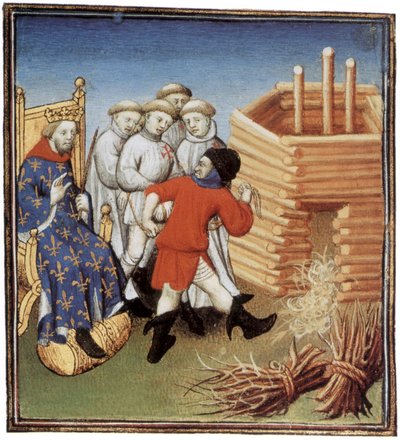 Tempelherrer kommer til å bli henrettet under utseende av den franske kongen Philippe IV le Bel i 1310, belysning av French School