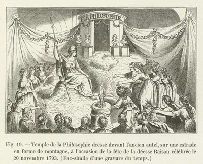 Filosofiens tempel står foran det gamle alteret, på en plattform i form av et fjell, i anledning festen for fornuftens gudinne feiret 20. november 1793, faksimile av en gravering fra tiden (f.eks. av French School