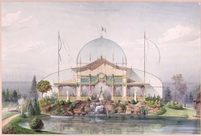 Telt og stort glasshus i hagen til verdensutstillingen i Paris i 1867 (akvarell på papir) av French School