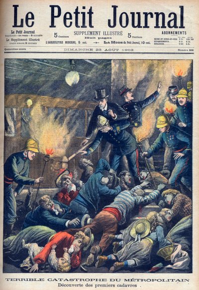 Terrible Disaster in the Paris Underground, forside av 'Le Petit Journal', 23. august 1903 (gravering) av French School