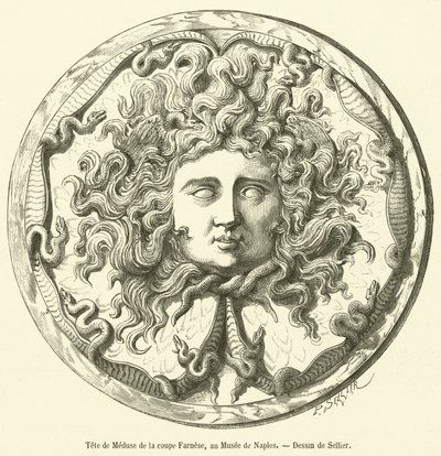Leder av Medusa fra Farnese-koppen, ved Napoli-museet (gravering) av French School