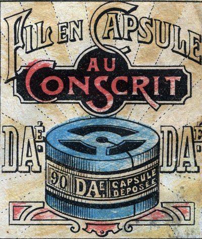 Tekstil, lin. Kapsel for bruk av Dae sytråd. Gravering. Epinal avbildning sent på 1800-tallet. av French School